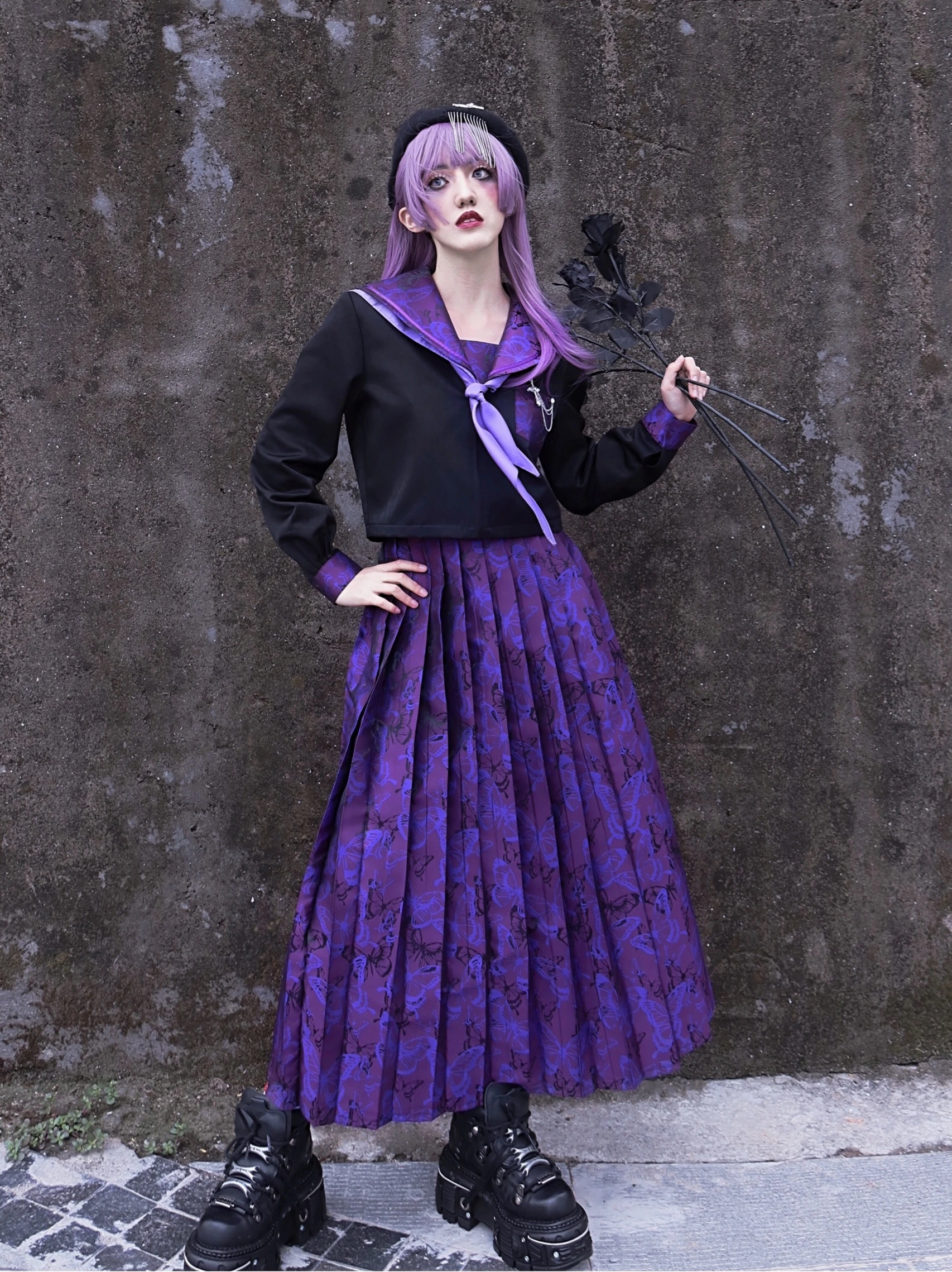 Original Design gothic purple butterfly purple bad JK uniform sailor's dress long pleated skirt  women 2 piece set 2020