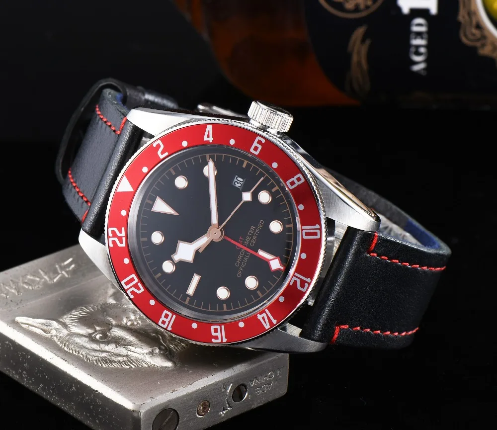 Corgeut 41 мм стерильные GMT часы черный циферблат Bay красный ободок окно даты автоматические мужские часы