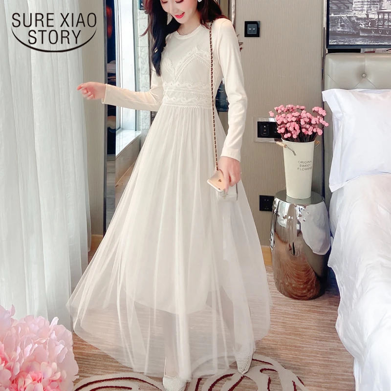 

2021 Lace Mesh Elegant Midi Dress Autumn New Dresses Solid A Line Elastic Waist O Neck Long Dress Women Vestidos 12159