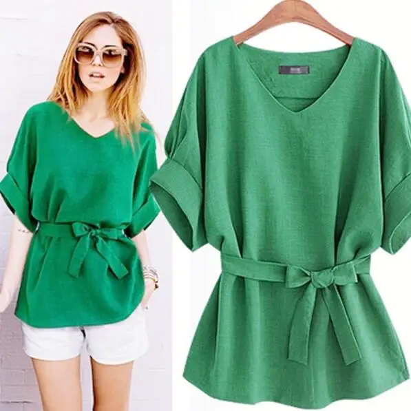 Блузка женская шифоновая в винтажном стиле с коротким рукавом и зеленым бантом AD9