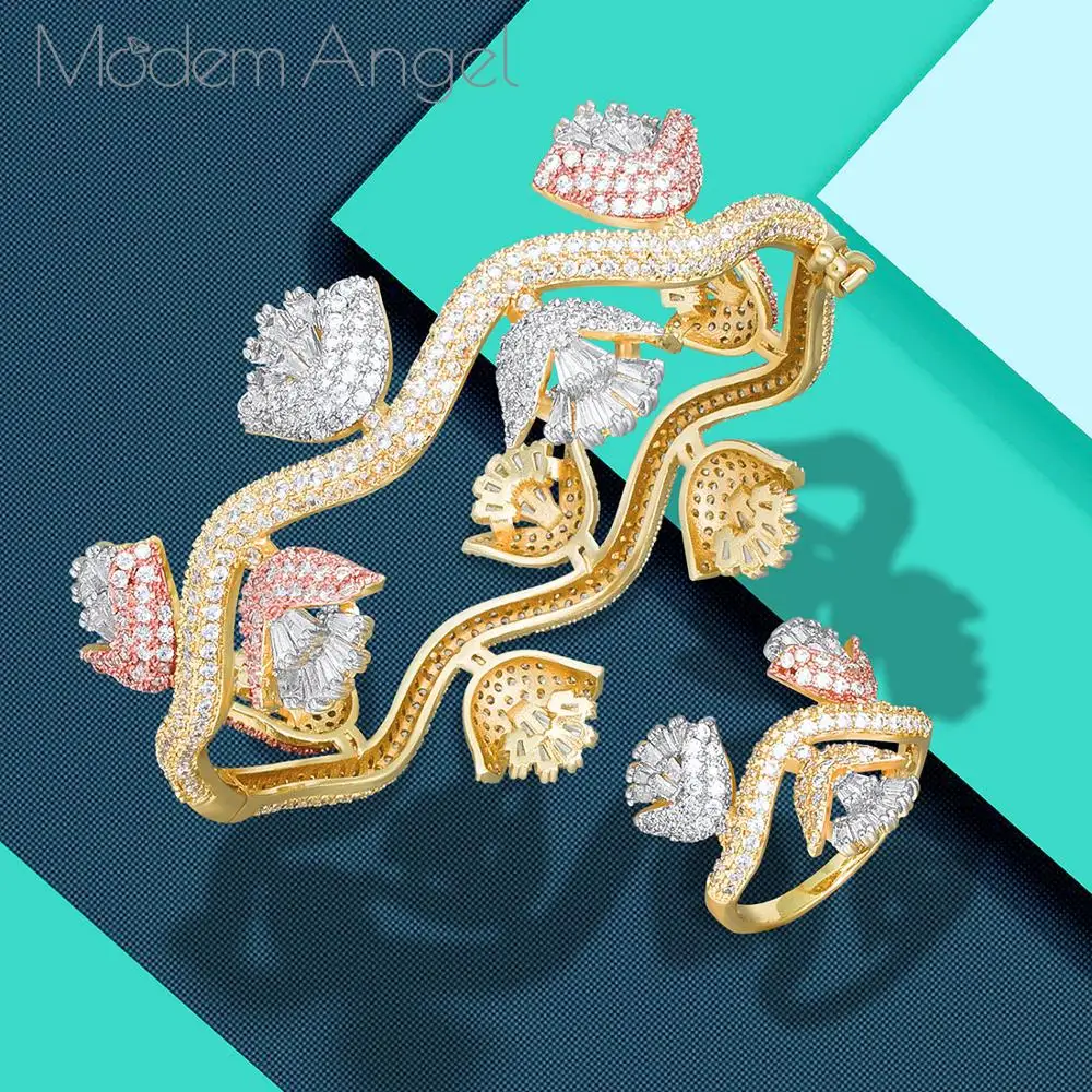 

ModemAngel, новый дизайн, роскошный комплект колец и браслета с кубическим цирконием в форме цветка для женщин, высококачественные ювелирные наборы для вечерние ринки/свадьбы