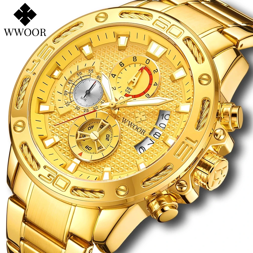 WWOOR мужские часы 2021 Роскошные Водонепроницаемый Хронограф Золотые для мужчин