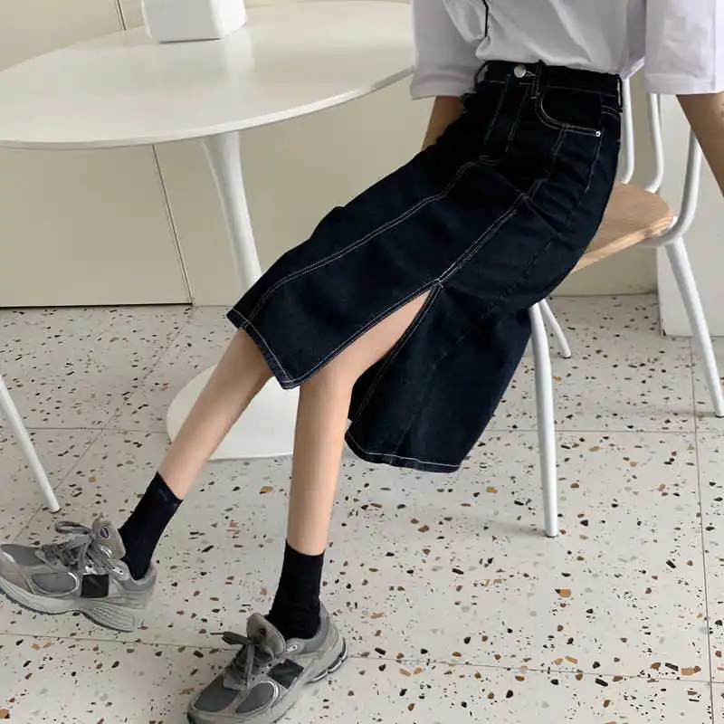 

Split denim skirt mid length spring versatile A-line high waist slim ins super fairy student new long skirt