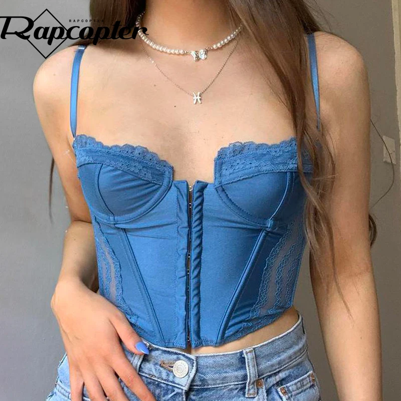 

Rapcopter Y2K Blue Corset Top Ruched Tie Up Crop Top Mesh See Through Sexy Party Mini Vest Women Vintage Cute Sweats Beach Tee
