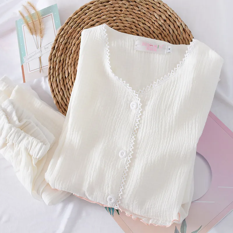 

Style New Spring and Autumn Ladies Pajamas Set Cotton Crepe Long Sleeve Trousers Home Service Suit Pajamas for Women Pajama Set