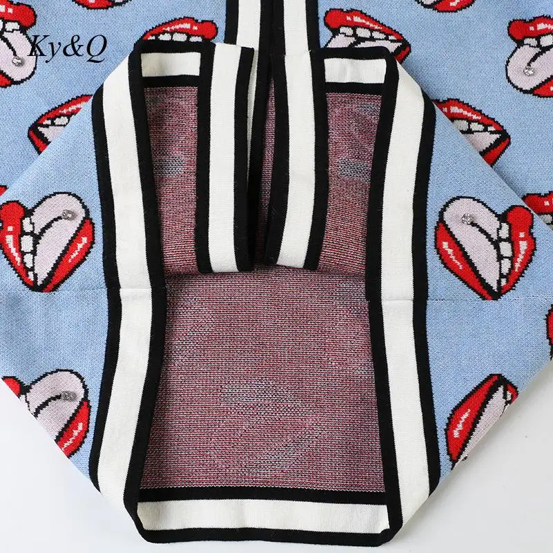 Brand Design 2019 Winter V-neck Long-sleeved Knitted Women Blue Cardigans Striped Lips Diamonds Embroidery Sweater Clothes Tide |