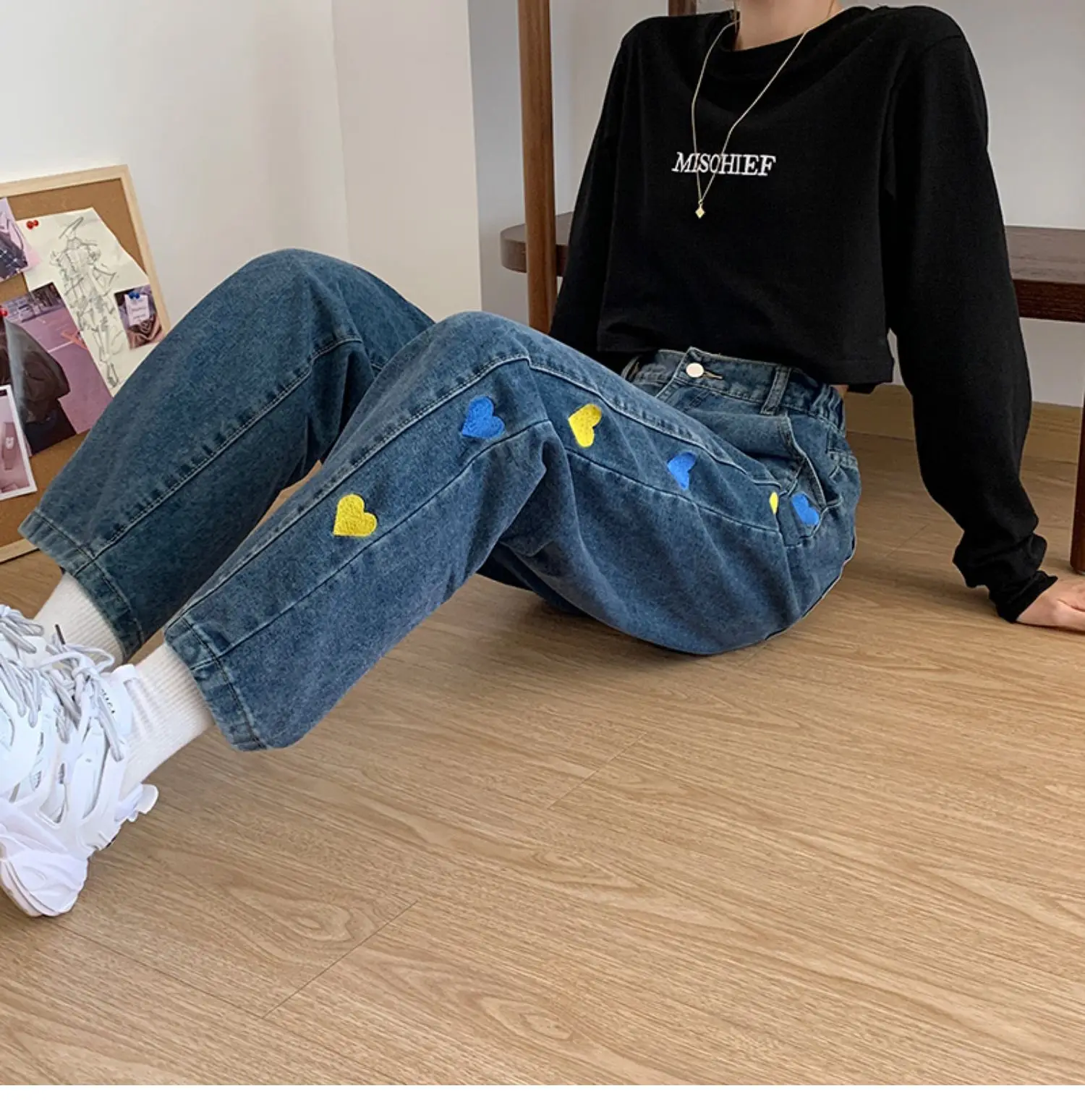 

Jeans Ladies Harajuku Love Print Retro Spring Summer Wide Leg College Youth Streetwear Fashion Denim