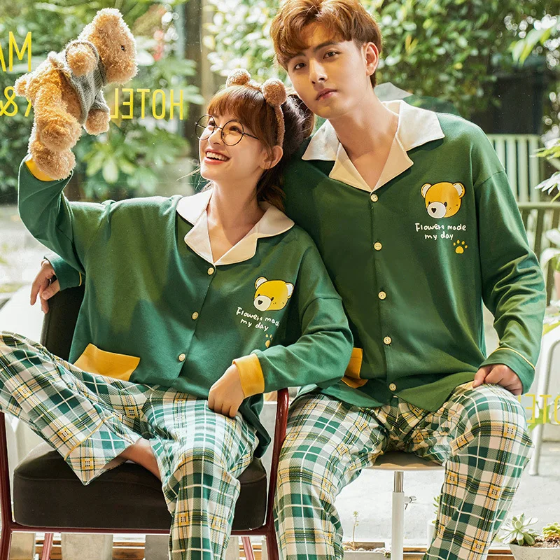 

Suit Casual Cotton Autumn Long Sleeve 2PCS Couple ShirtandPants Set Women Sexy Loose Sleepwear Printed Flower Lovers' Pajamas