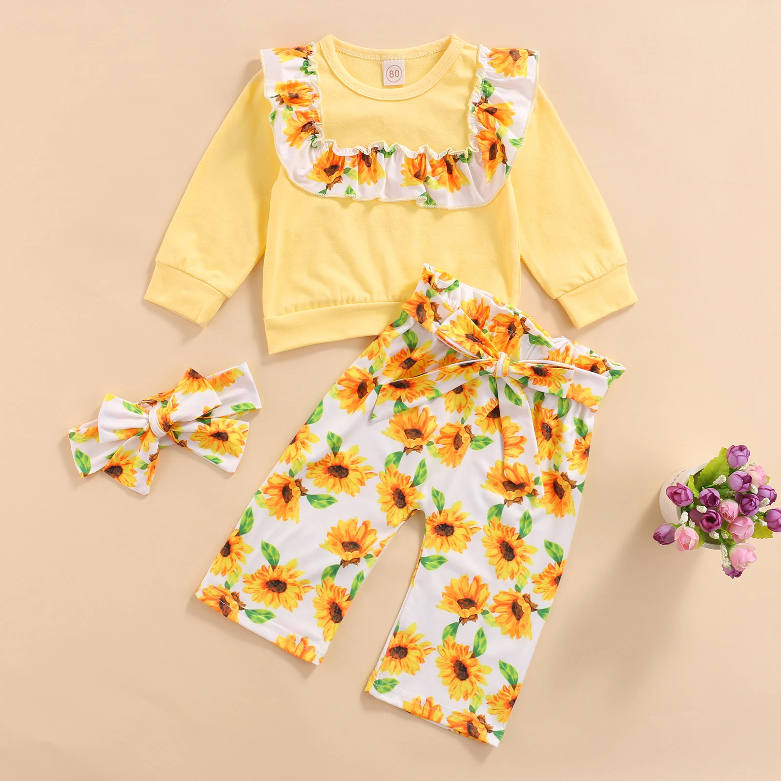 

1-4 Years Clothing Sets Print Floral Toddler Girl 3pcs Fall Clothes, Long Sleeve Ruffle Pullover + Pants + Headband Set