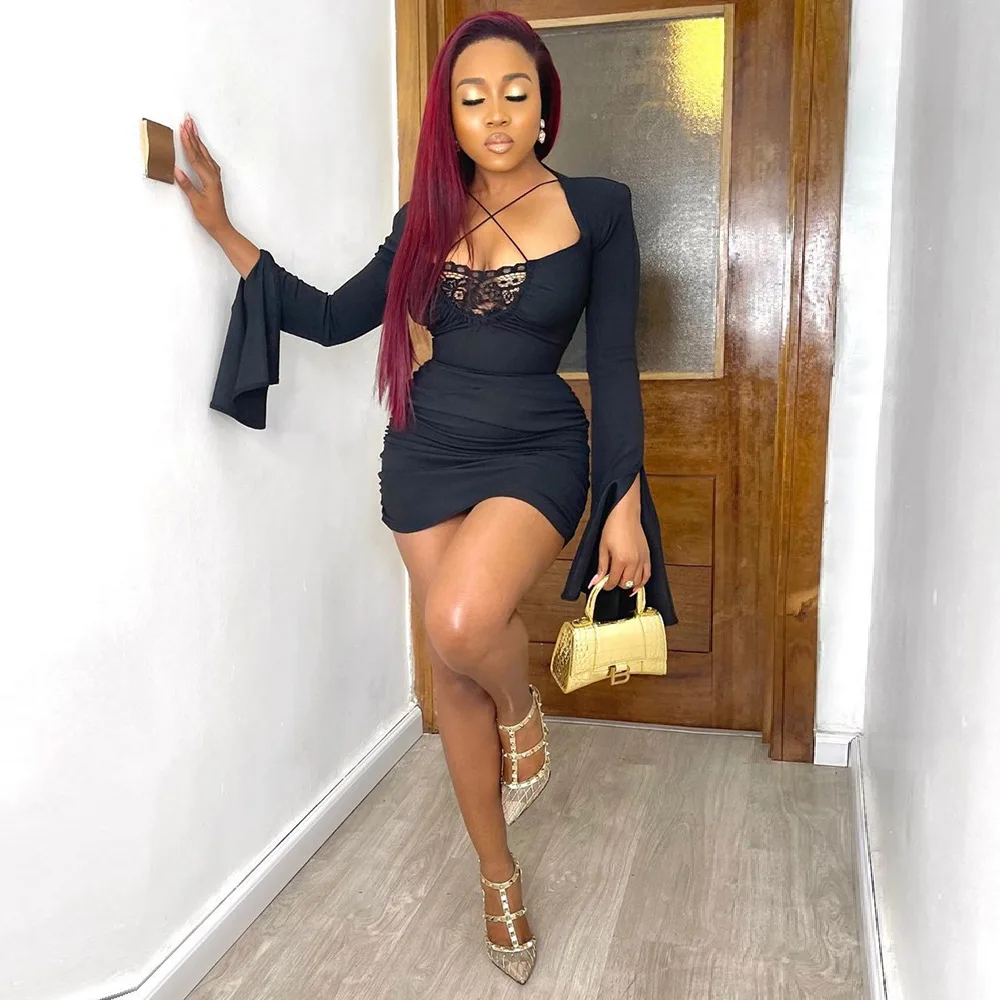 

Autumn Cross Strap Sexy Skinny Bodycon Mini Dress Flare Sleeve Backless Black Dress Party Evening Party Vintage Vestidos