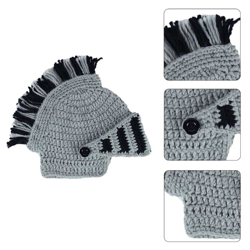 

Men Women Funny Chunky Knitted Roman Knight Helmet Hat Contrast Color Tassel Barbarian Crochet Earflap Beanie Skull Cap with Fac