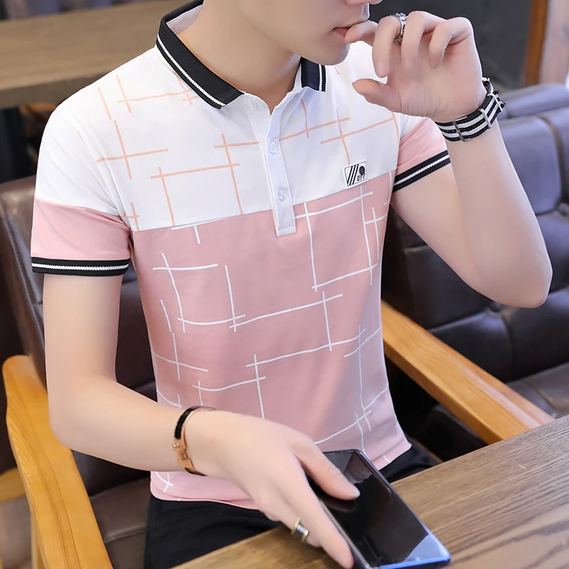 

2021 Men's New Color Matching Short-Sleeved Polo Shirt Youth Cotton Summer Casual Bottoming T-shirt
