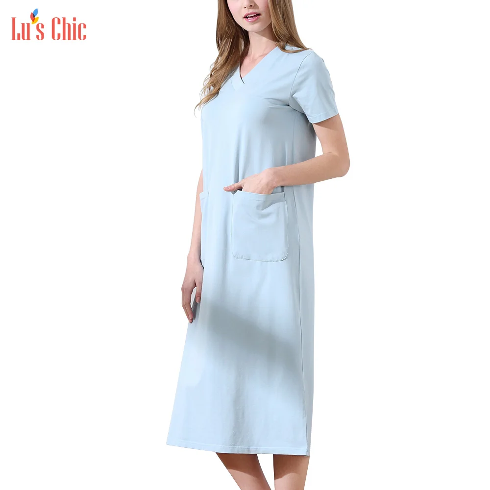 

Lu's Chic Cotton Short Sleeves Long V Neck Nightgwon Loungewear Women Sleep Dress with Pockets