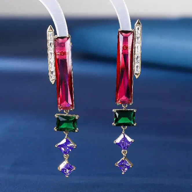 

2021 геометрические серьги в форме ромба с разноцветным цирконием, инкрустированные серьги в форме капли S925, Роскошные позолоченные серьги