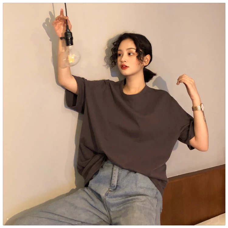 

P080 Women's mid-length solid color short-sleeved T-shirt