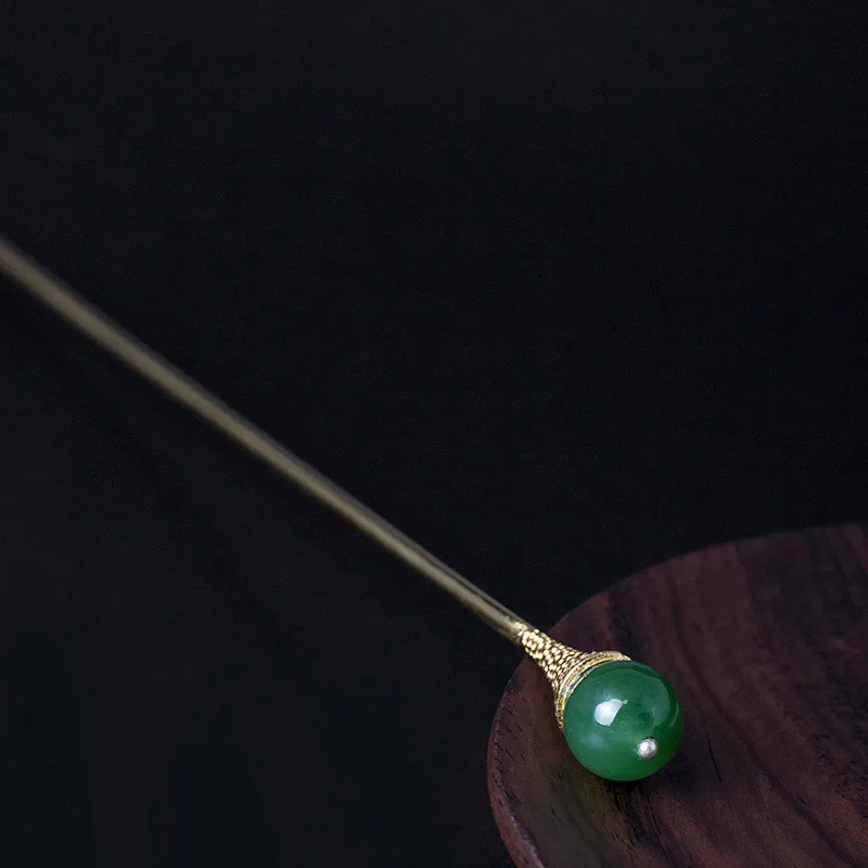 Палочка для волос из яшмы серебро 925 пробы с натуральным камнем зеленый нефрит