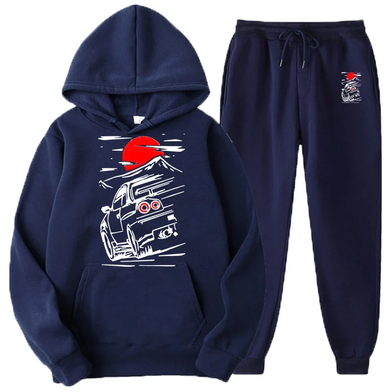 Solid Color Men Set Casual Men's Autumn Winter Fleece Japanese JDM Hoodies + Pants Two-Piece Tracksuit Trendy Sportswear | Мужская