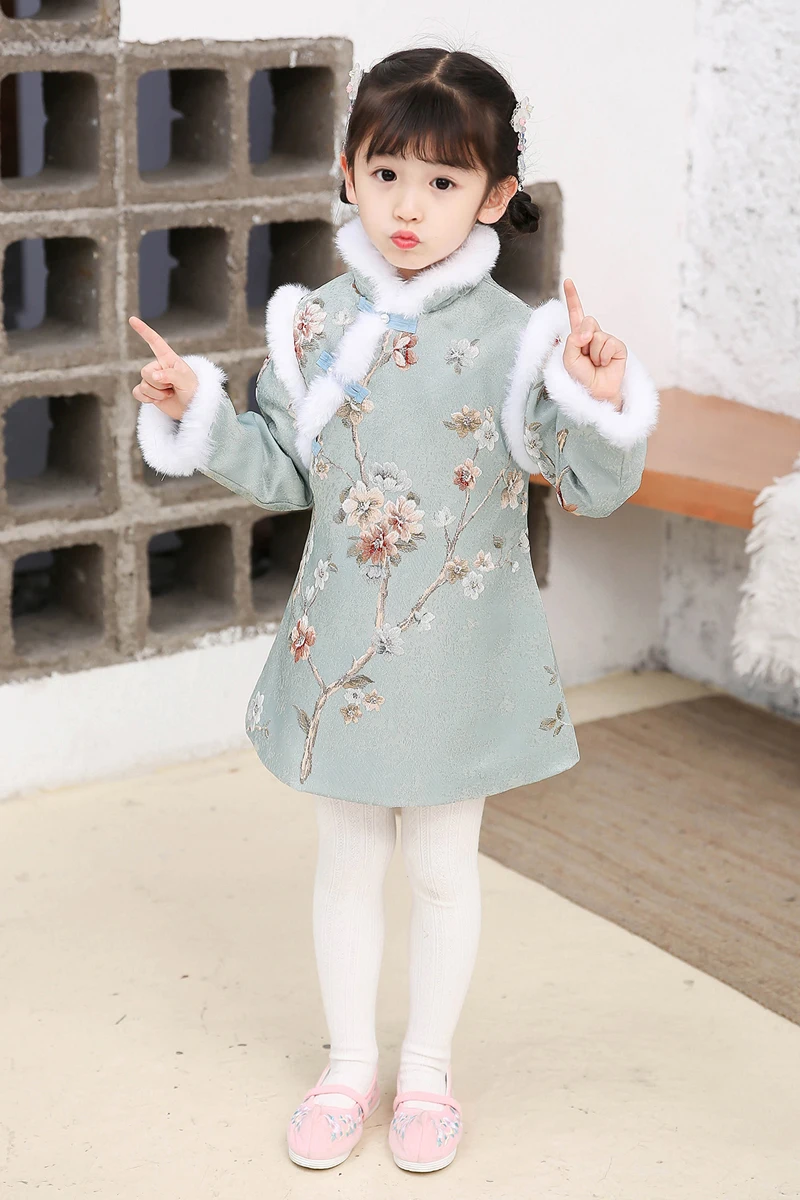 

Traditional Chinese Jacket Dress Costumes Hanfu For Girls Ancient Retro Tang New Year Suit Winter Cheongsam Kimono Toddler Cloth