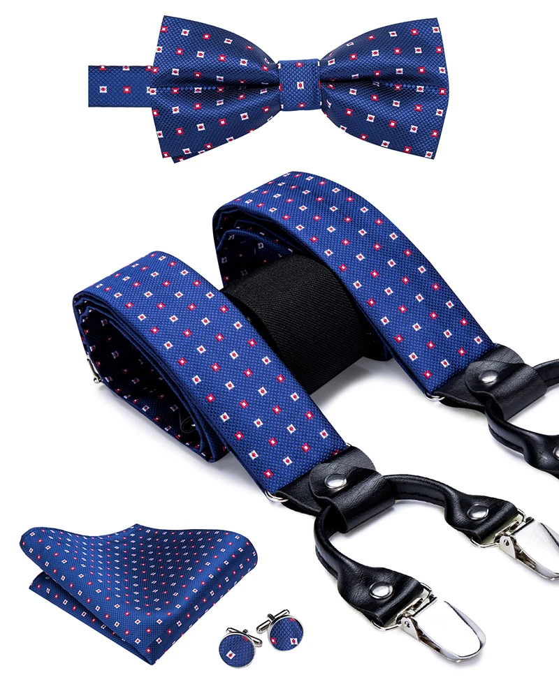 

Hi-Tie Men's Bow Tie Suspender For Adult leather 6 Clips Braces Vintage Casual Blue Dots Suspensorio Tirante bretelle Bretels