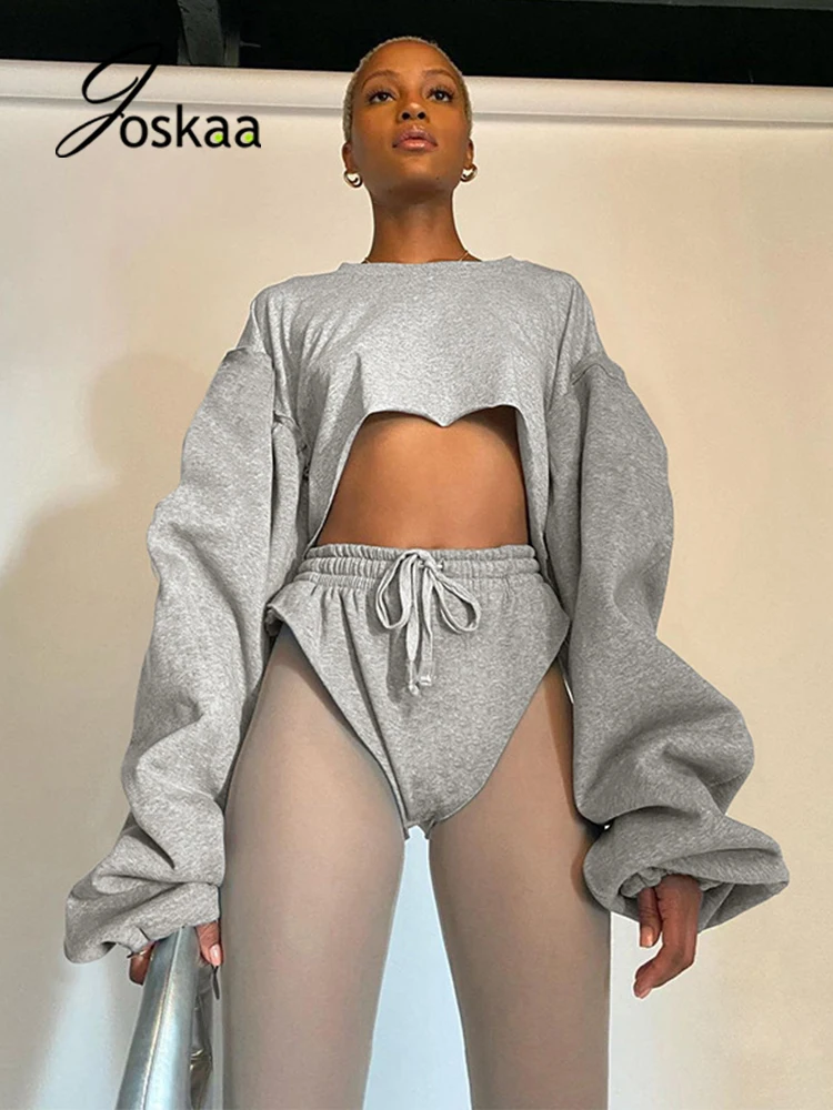 

Joskaa Solid Long Sleeve Loose Irregular Crop Top and Shorts Matching Casual Two Piece Set Women Clothes Winter 2021 Tracksuit