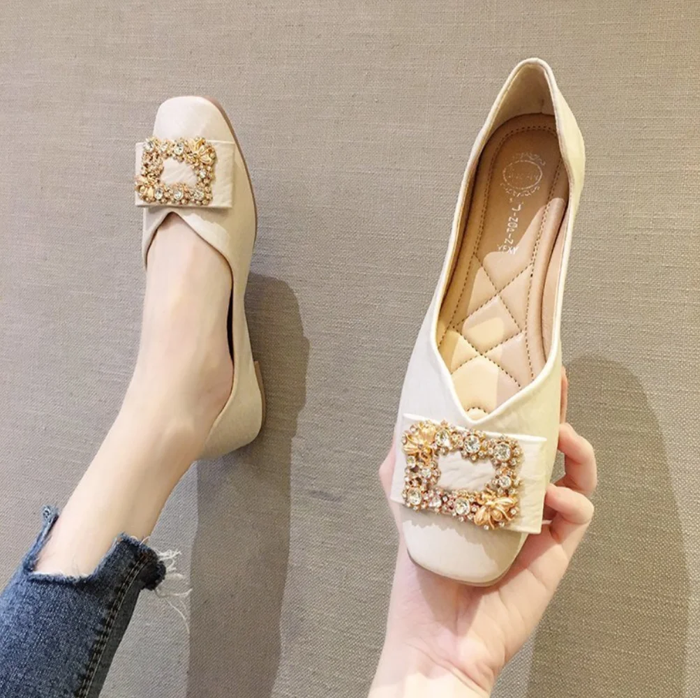 

2021 New Spring Flats Shoes Women Sequins Buckle Low Heel Ballet Square Toe Shallow Brand Shoe Slip On Loafer Zapatos De Mujer
