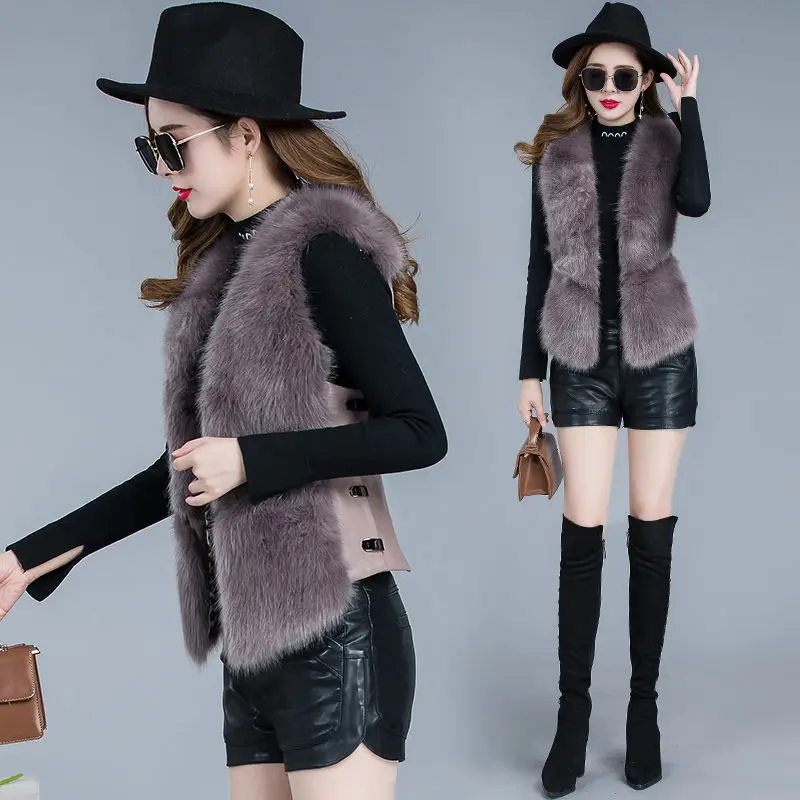 

2022 Autumn Winter New Thick Warm Faux Fox Fur Vest Women Fashion V-Neck Short Fur Coat Female Fur Waistcoat Plus Size 4XL