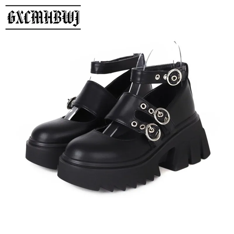 

GXCMHBWJ, ботинки для панков и готов, Стиль книзу массивном каблуке; Обувь с пряжкой; Обувь с ремешком на высоком блочном женская обувь на каблук...