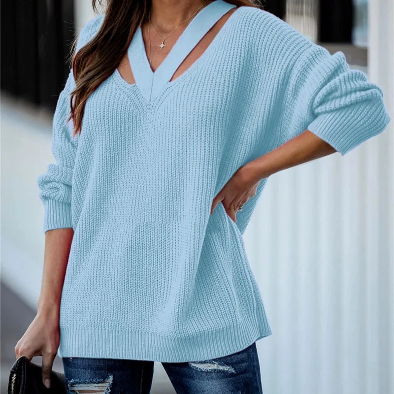 

LJSXLS Sexy V Neck Casual Women Pulovers Sweaters Knitwear Sweater Long Sleeve Solid Jumper Tops 2021 Winter Oversize Clothes