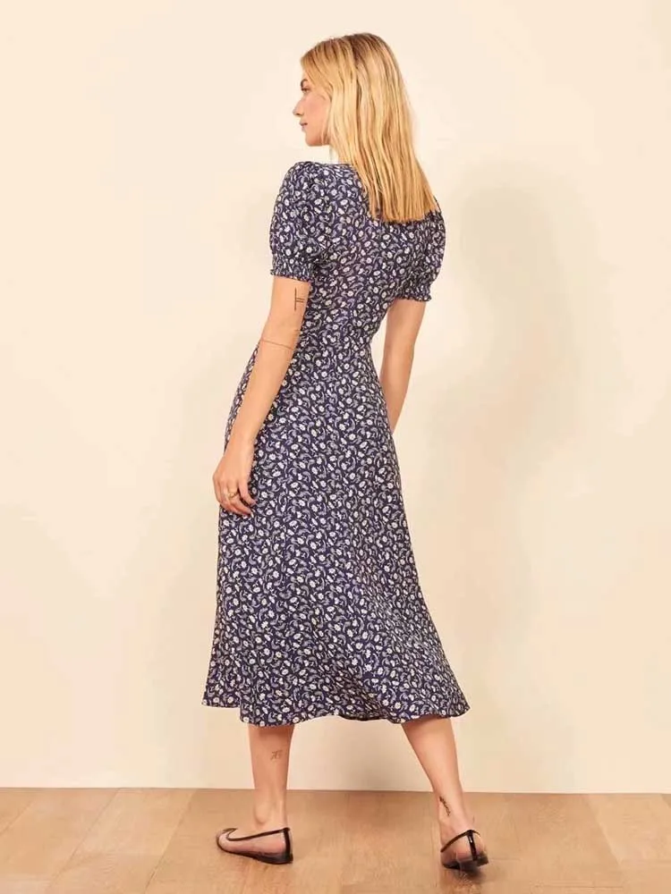 

yinlinhe Blue Floral Long Dress Women High Waist Gathered Sexy Summer Dress French Style square Collar Split Party Dresses 2059