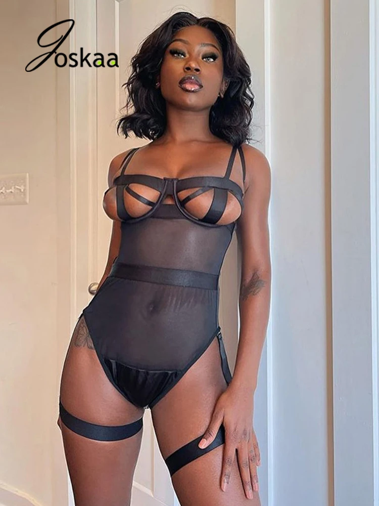 

Joskaa Sexy Suspenders See-through Mesh Patchwork Sleeveless Bodysuits Black Backless Tees Tops Winter 2021 Night Club Clothing
