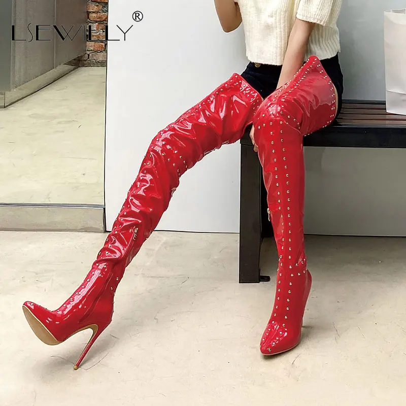 

Lsewilly 2020 New Arrivals Pointed Toe Zipper Concise Shoes Ladies Boots Sexy Thin High Heels Rivet Over The Knee Boots Woman