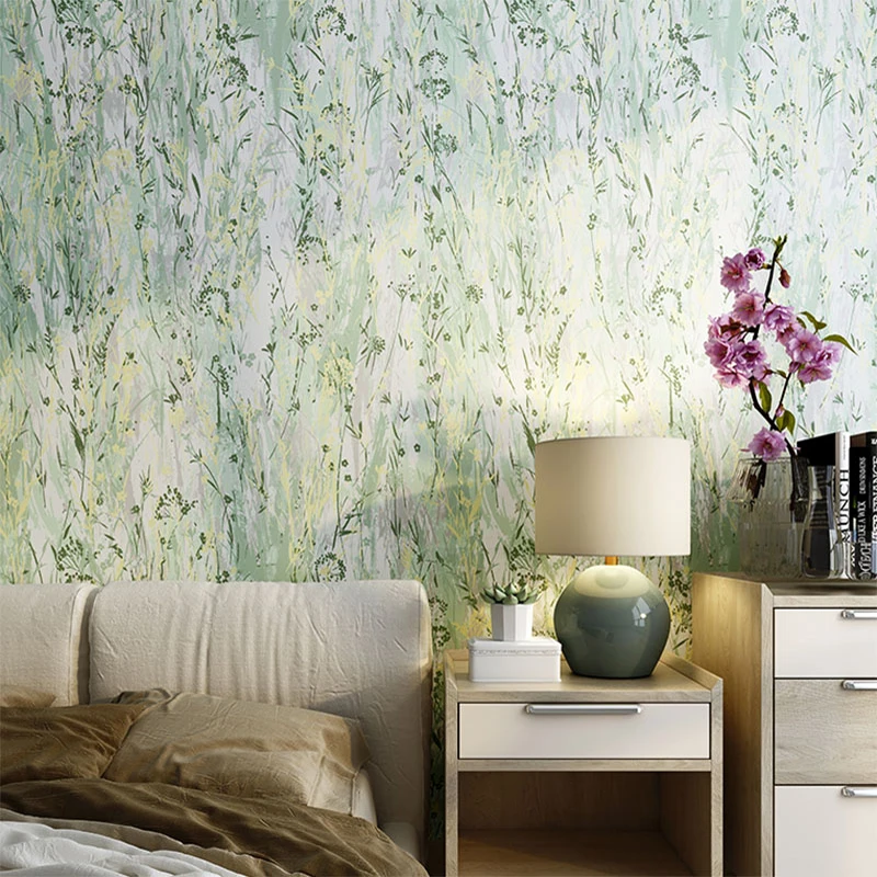 

Pastoral Style Panited Green Flowers Leaves Waterproof PVC Vinyl Wallpaper in Rolls for Bedroom Living Room Embossed Wall Paper