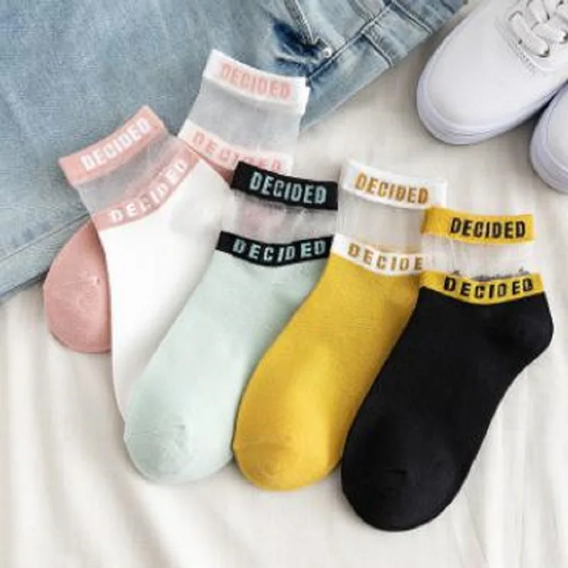 

Transparent Short Letter Patten Socks Women Summer Lace Hollow Out Boat Socks Slippers Female Soft Low Invisible Socks Sokken