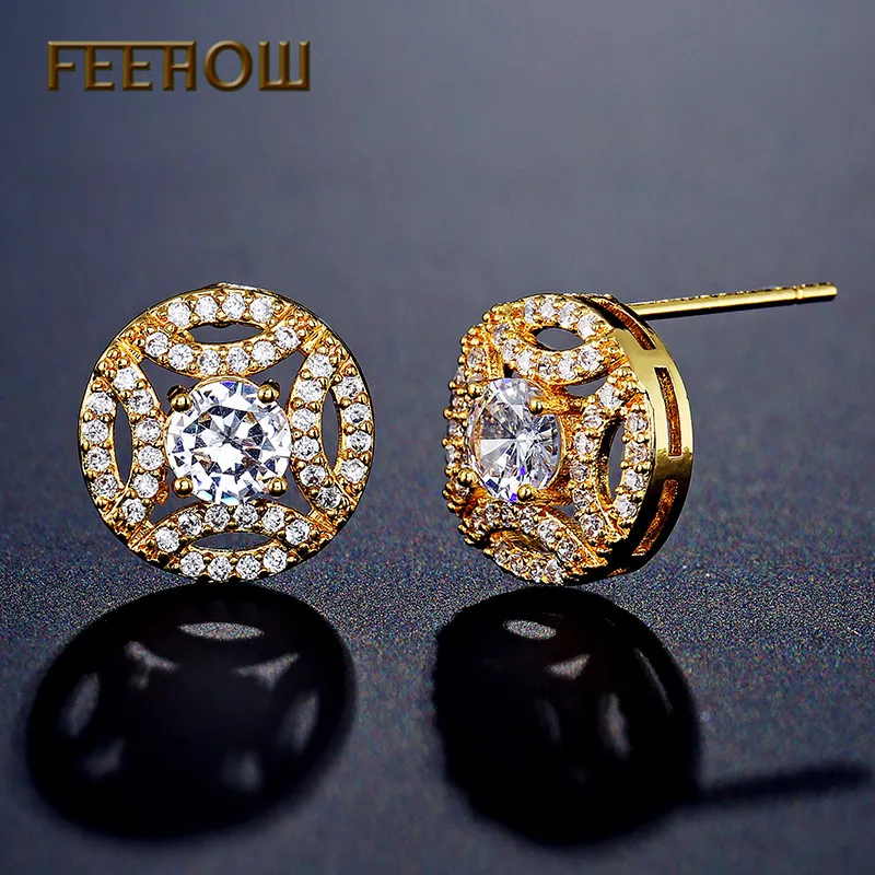 Женские серьги-гвоздики FEEHOW с круглым вырезом и кристаллами из циркония