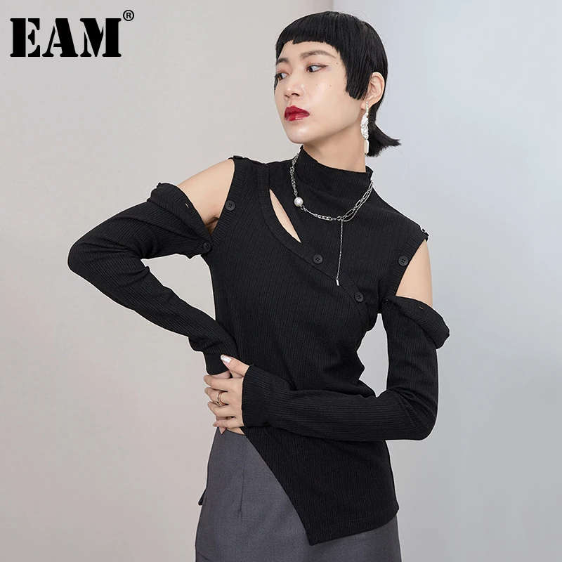 

Женское трикотажное длинное платье EAM, черное Свободное платье с высоким воротником и длинным рукавом, весна-осень 2022, 1DD0300