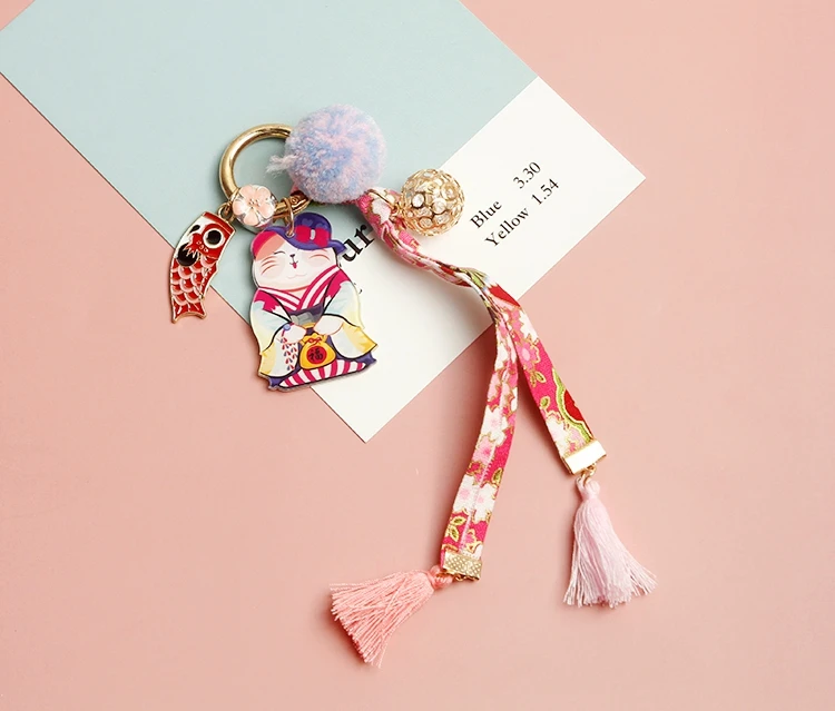 1pcJapanese originalhandmade с вышитыми цветами Кот приносящий удачу Манеки Неко сумка для ключей подвеска с помпоном llaveros