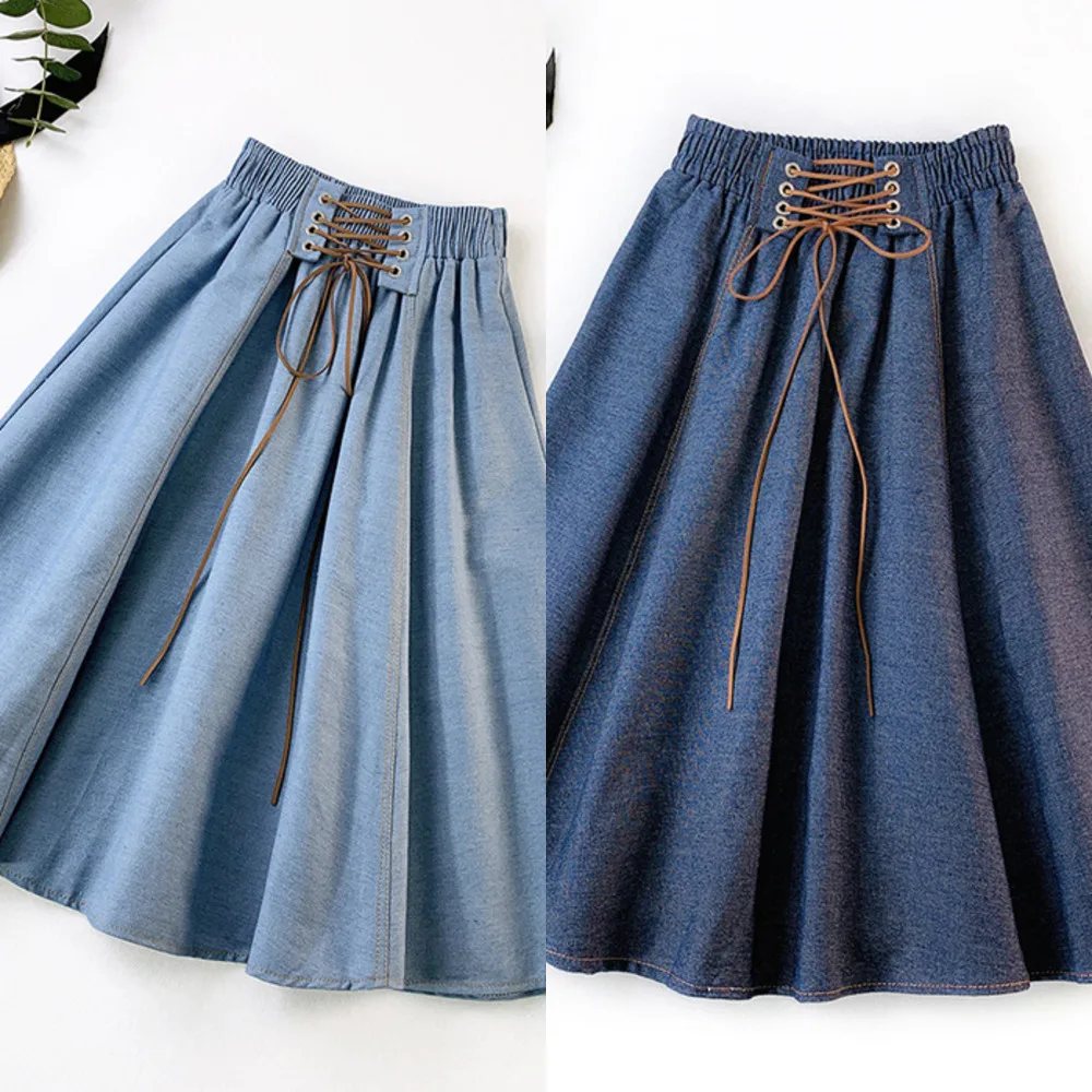 

Waist Bandage High Denim Skirt Women 2020 Korean Casual A Line Pleated Skirt Jeans Summer Elegant Ladies Skirts