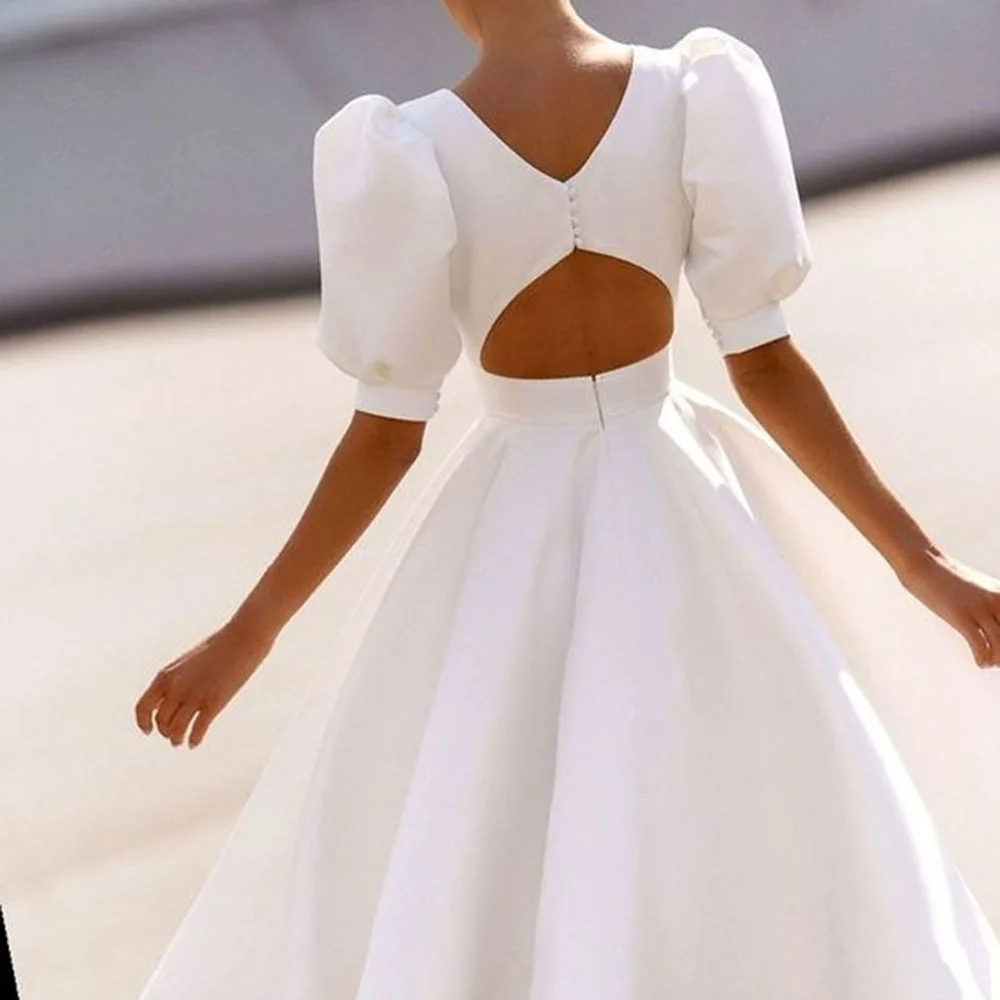 

Spring Summer 2021 New Solid Color Slim Women's Dress Hot Sale Sexy High Waist Round Neck Backless Fashion Puff Sleeve Casual