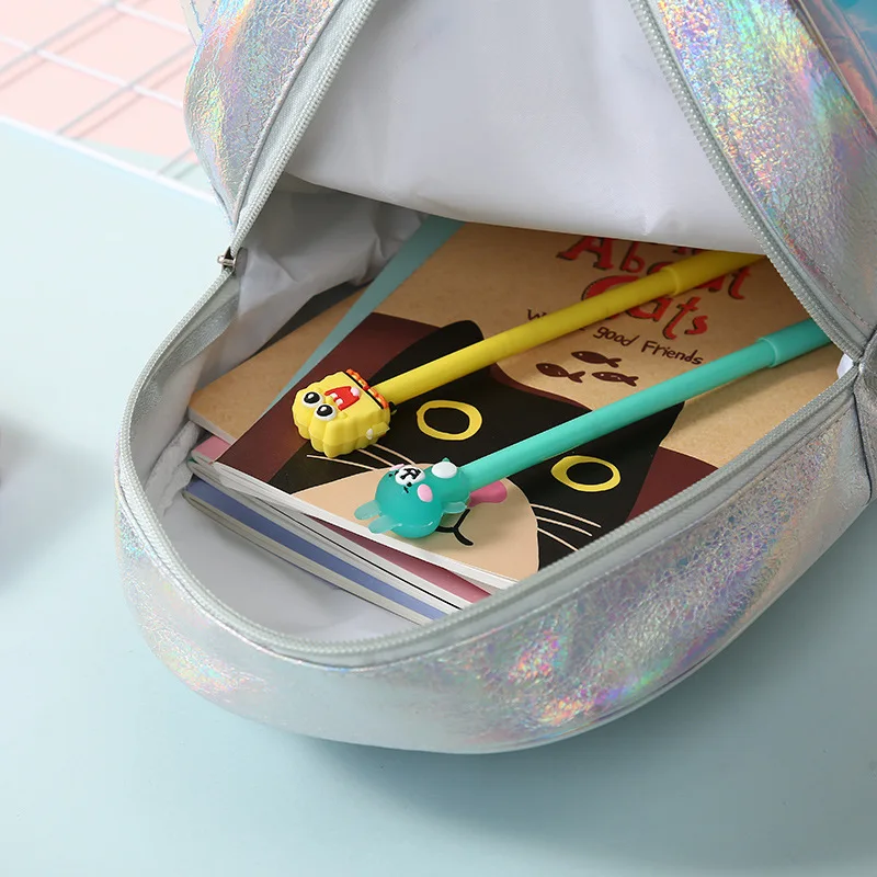 Silver Woman Small Backpack Pu Leather Bag for Kids Girls Holographic Fabric Cartoon Small Bags Sequins Children Bags