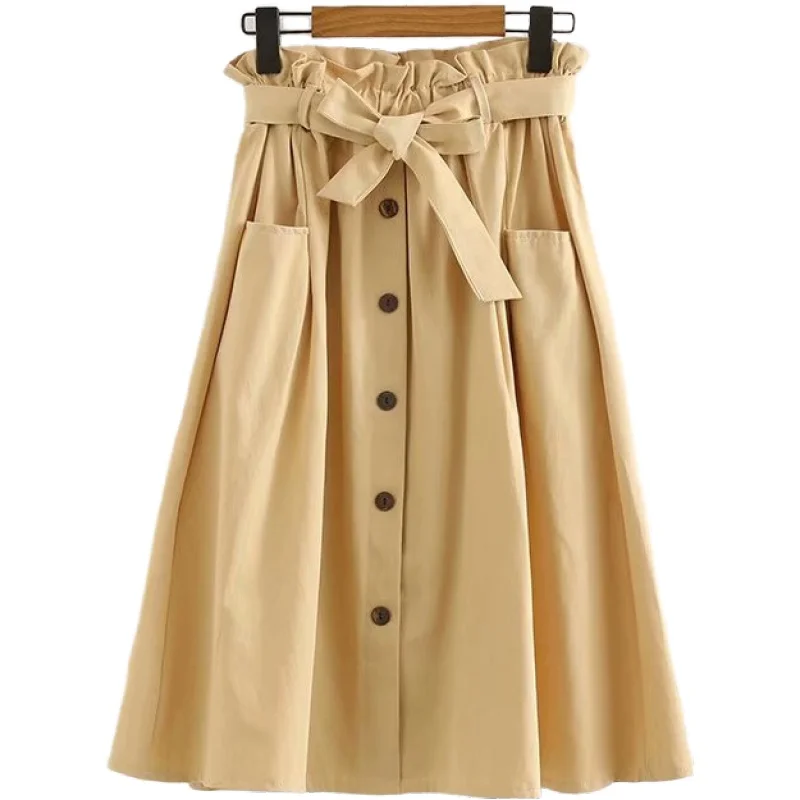 

Merry Pretty Women's Lace Up Solid A-Line Skirts 2021 Autumn Single-breasted Pockets Knee-Length Skirts Femme Casual Loose Skirt