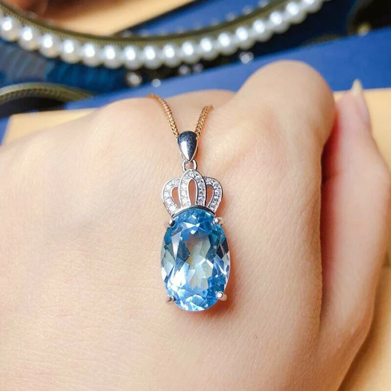 Двухцветная корона с овальной голубой фианитом женская подвеска ожерелья для