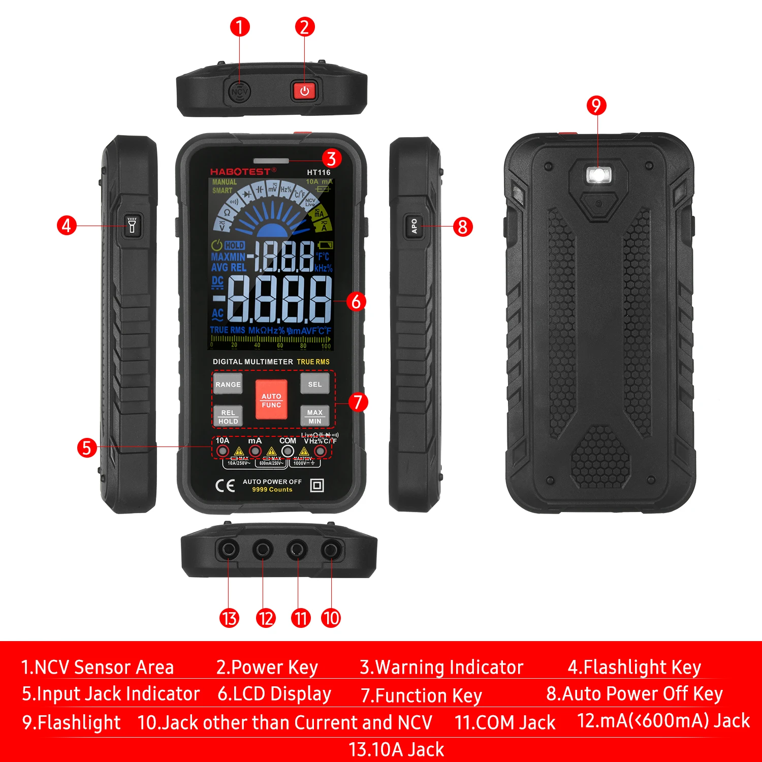 

HT116 Digital Multimeter 9999 Counts True RMS Auto-off NCV Universal Voltmeter Ammeter for DC/AC Voltage Current Resistance