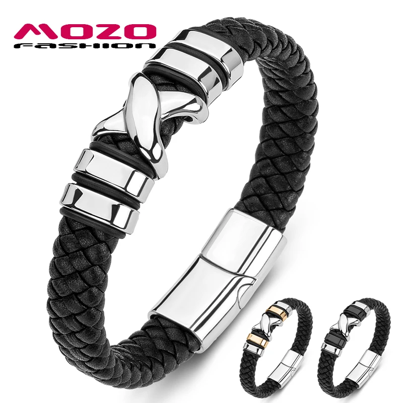 

2023 Men Bracelets Braided Cross Stainless Steel Cuff Hip Hop Genuine Leather Bangles Women Jewelry