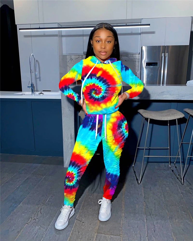

Zoctuo Tie Dye Print Two Piece Set Long Sleeve Women's Set Hooded Sweatshirts and Pants Set Suit Tracksuit Winter Outfits