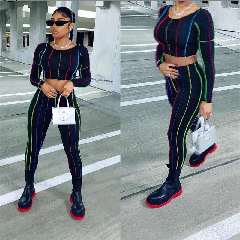 

Zoctuo Two Piece Set Women O-neck Long Sleeve 2 Piece Set Autumn Colored Line Cool Suits Matching Set Skinny Slim Tracksuit 2021