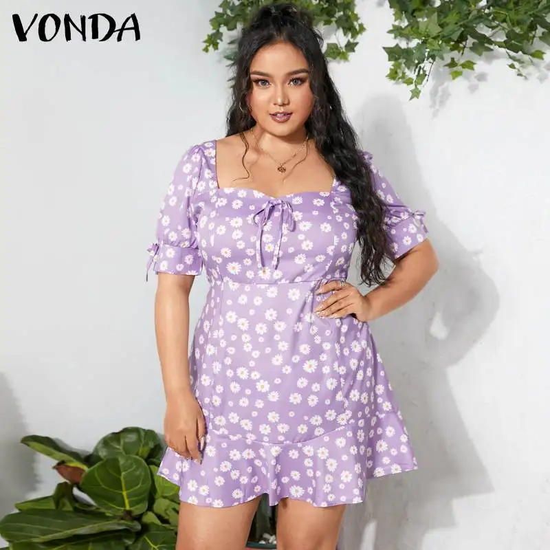 

5XL VONDA 2021 Women Mini Dress Summer Casual Square Neck Short Sleeve Dresses Bohemian Vestidos Long Robe Plus Size Sundress