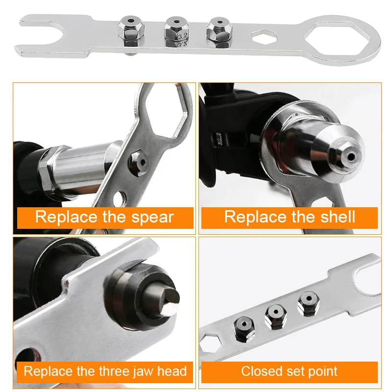 

Alloy Steel Electric Riveting Gun Adapter with 2.4 / 3.2 / 4.0 / 4.8mm Diameter Rivet Head and Handle Wrench for Electric Drill