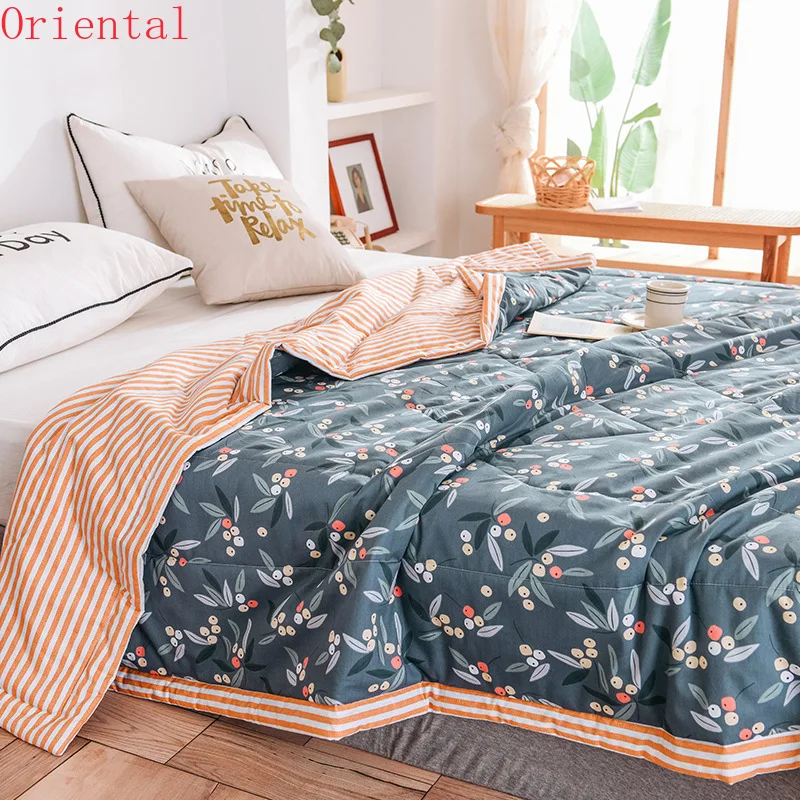 

Summer Washed Cotton Air-conditioning Quilt Machine Washable Quilt Single Double Blanket Thin Stripe Plaid Comforter Bed Cover