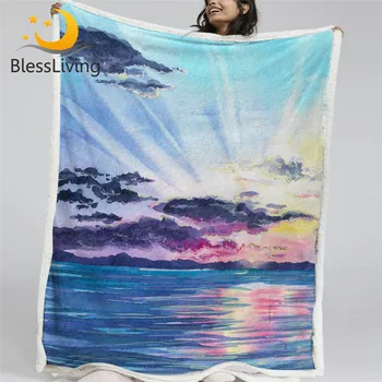 BlessLiving Watercolor Blanket For Bed Sunrise Fluffy Blanket Sunset on the Sea Sherpa Blanket Colorful Landscape Mantas De Cama 1