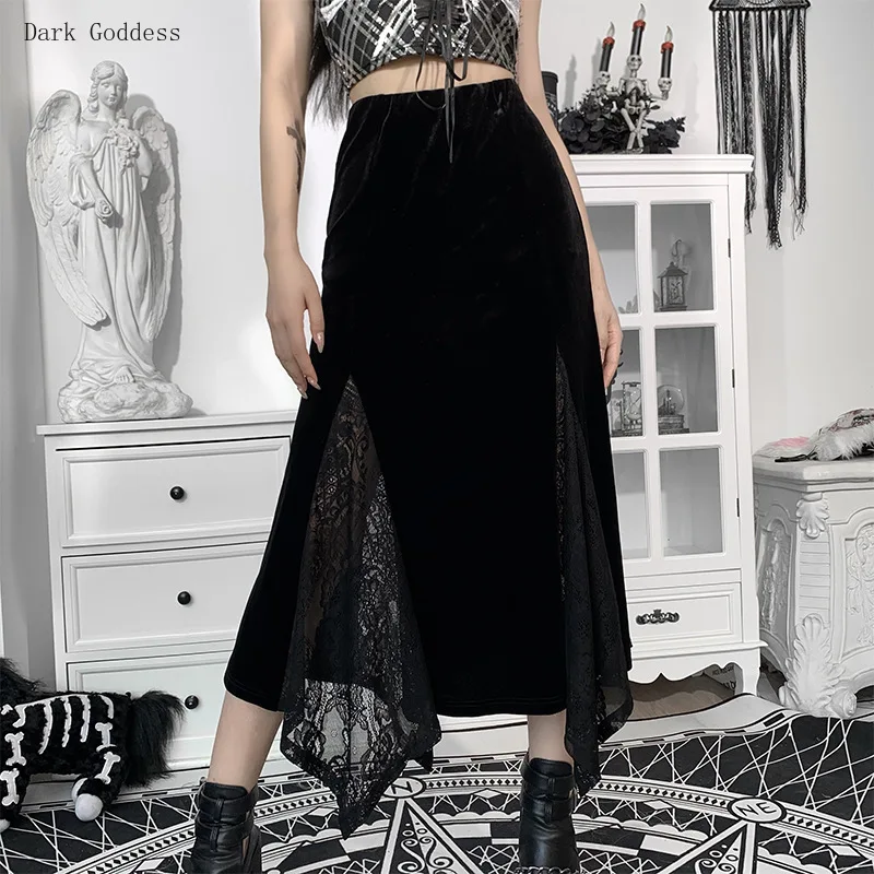 

Goth Vintage Black Long Skirt Aesthetic Elegant Lace Patchwork Velvet Skirt Gothic Sexy Hight Wait Slit Party Skirt